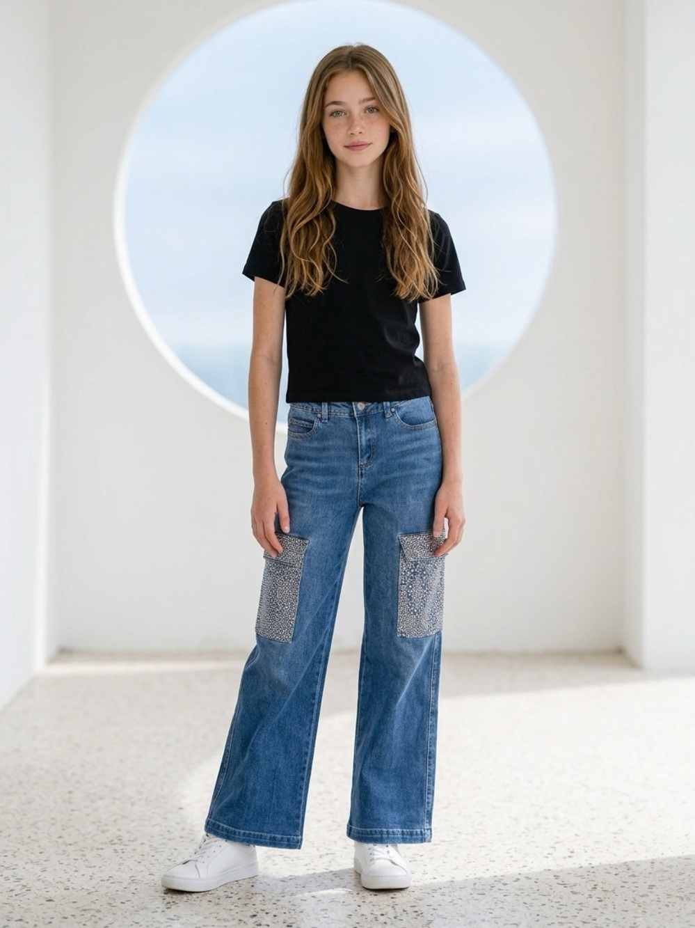 Tractr Rhinestone-Embellished Cargo-Pocket Wide-Leg Jeans. Size Girls 10